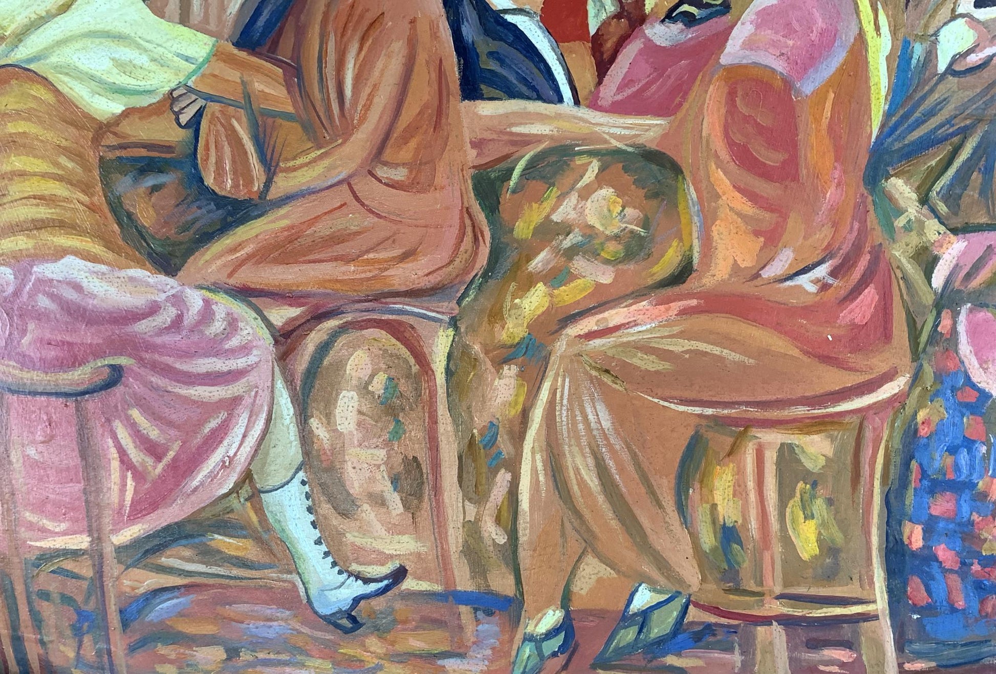 Vibrant oil painting of French cafe by Victor Konotopsky, inspired by Boris Grigoriev