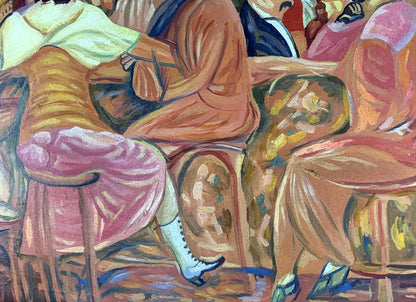 Vibrant oil painting of French cafe by Victor Konotopsky, inspired by Boris Grigoriev