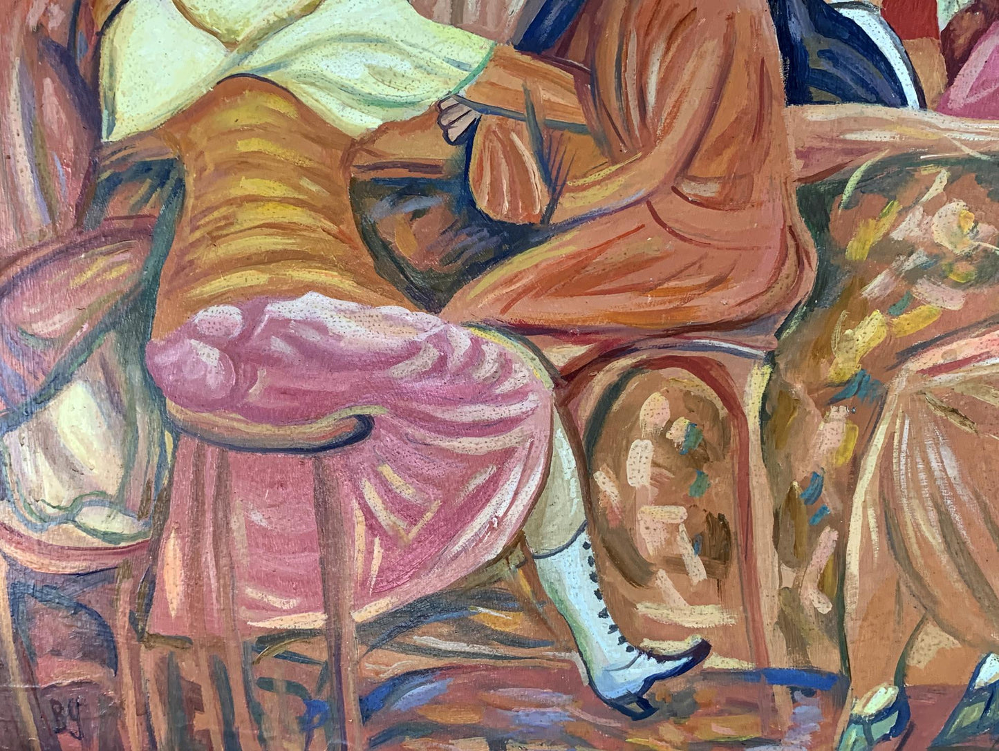 Vibrant oil painting of figure in orange coat on wooden chair, French cafe by Victor Konotopsky