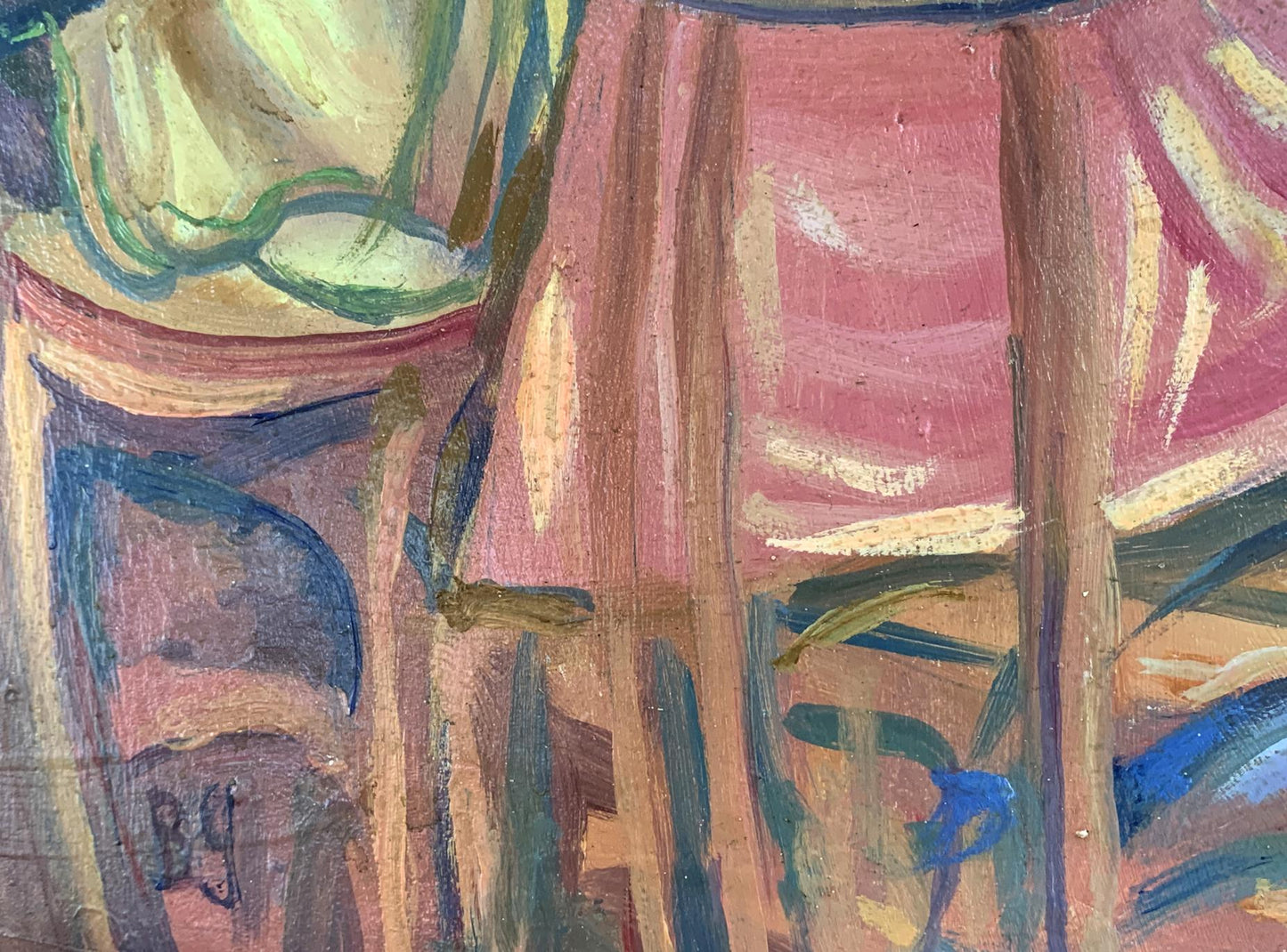 Abstract painting featuring bold brushstrokes of pink, green, blue, and earthy tones on a textured canvas.