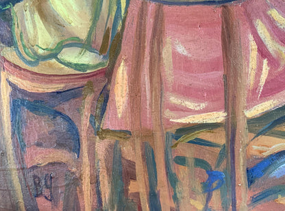 Abstract painting featuring bold brushstrokes of pink, green, blue, and earthy tones on a textured canvas.