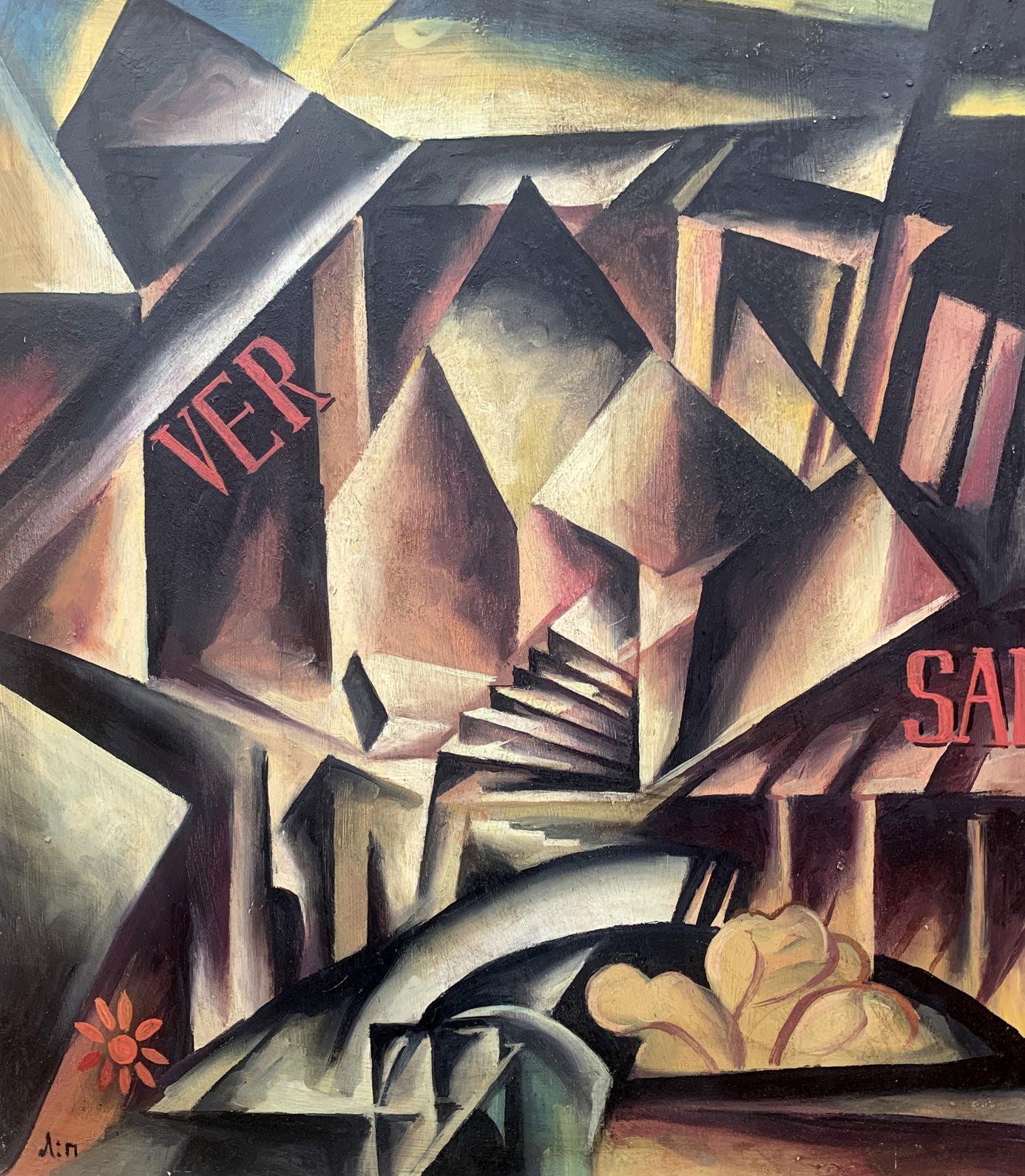 Abstract cubist oil painting Labyrinth by V. Konotopsky with ver sal lettering