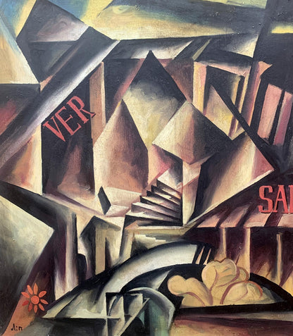 Abstract cubist oil painting Labyrinth by V. Konotopsky with ver sal lettering