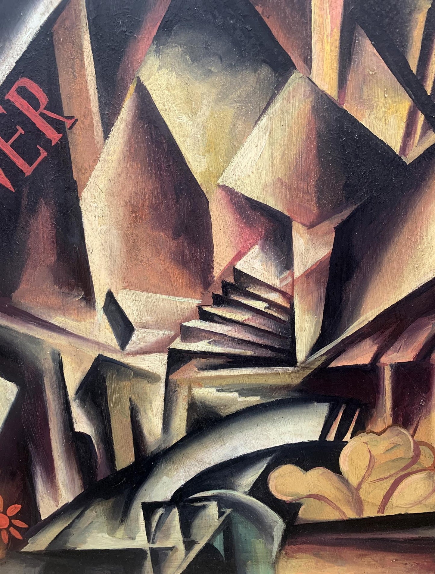 Abstract oil painting Labyrinth by V. Konotopsky, geometric staircase in earthy tones