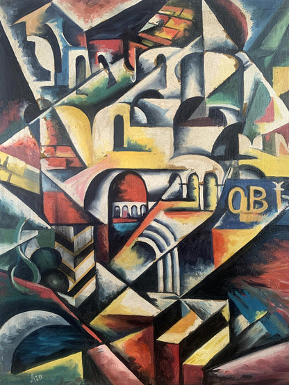 Vibrant abstract city oil painting by V. Konotopsky inspired by Lyubov Popova