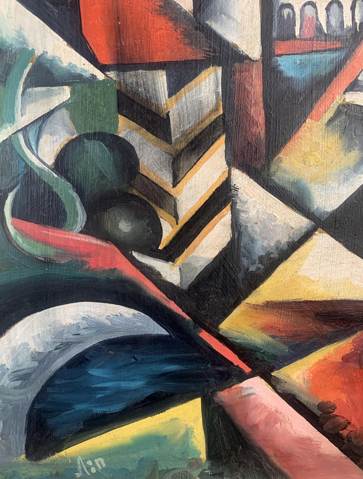 Abstract oil painting In the City by V. Konotopsky, bold red black yellow shapes