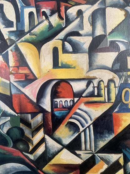 Abstract geometric oil painting In the City by V. Konotopsky, bold colors