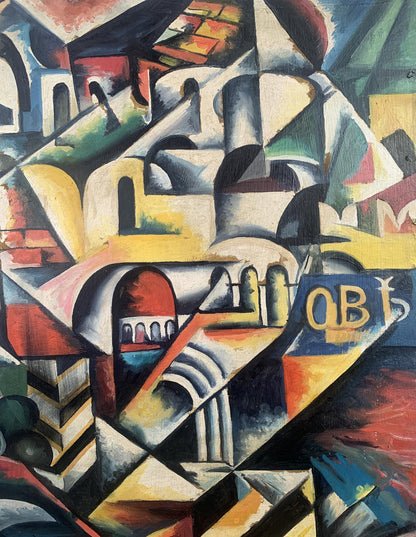 Vibrant abstract oil painting In the City by V. Konotopsky inspired by Lyubov Popova