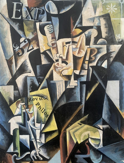 Cubist abstract oil painting of businessman by V. Konotopsky, inspired by Lyubov Popova