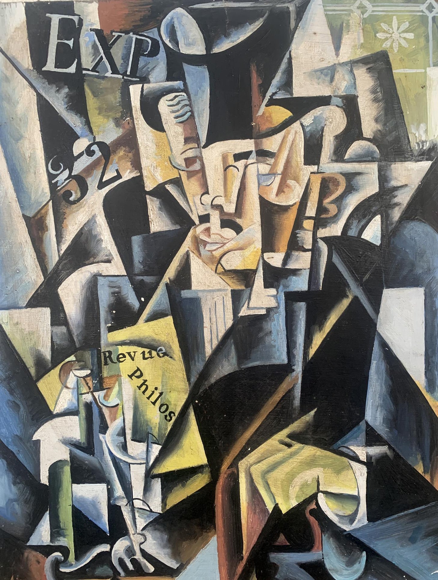 Abstract cubist oil painting of businessman by V. Konotopsky, inspired by Lyubov Popova