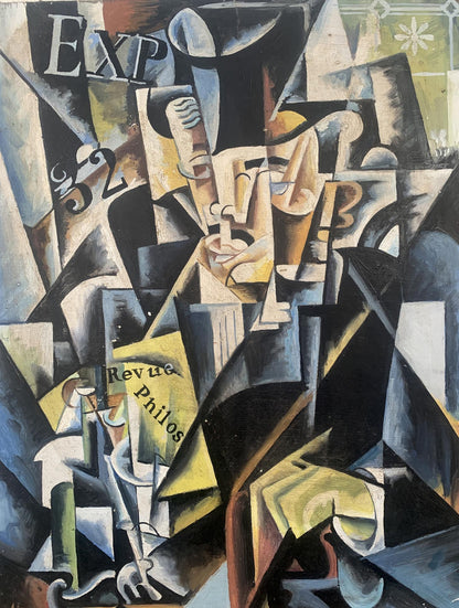 Abstract cubist oil painting of businessman by V. Konotopsky, inspired by Lyubov Popova
