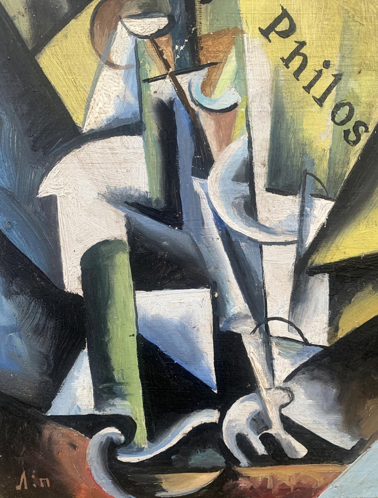 Abstract cubist oil painting of businessman by V. Konotopsky based on Lyubov Popova