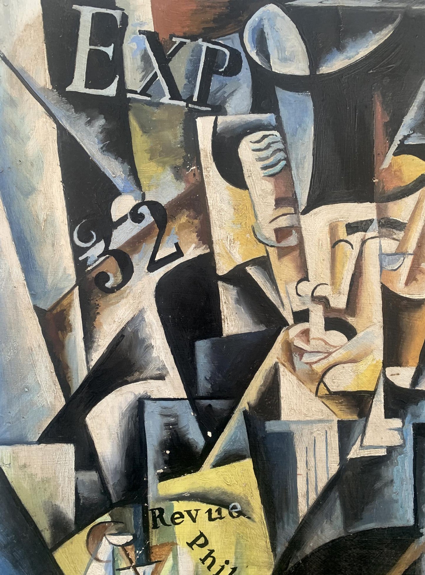 Abstract cubist oil painting of businessman by V. Konotopsky, inspired by Lyubov Popova