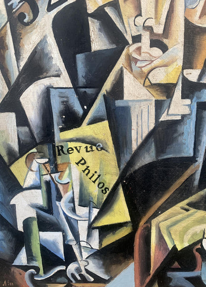 Vibrant yellow Revue Philos magazine on Lyubov Popova-inspired abstract oil painting
