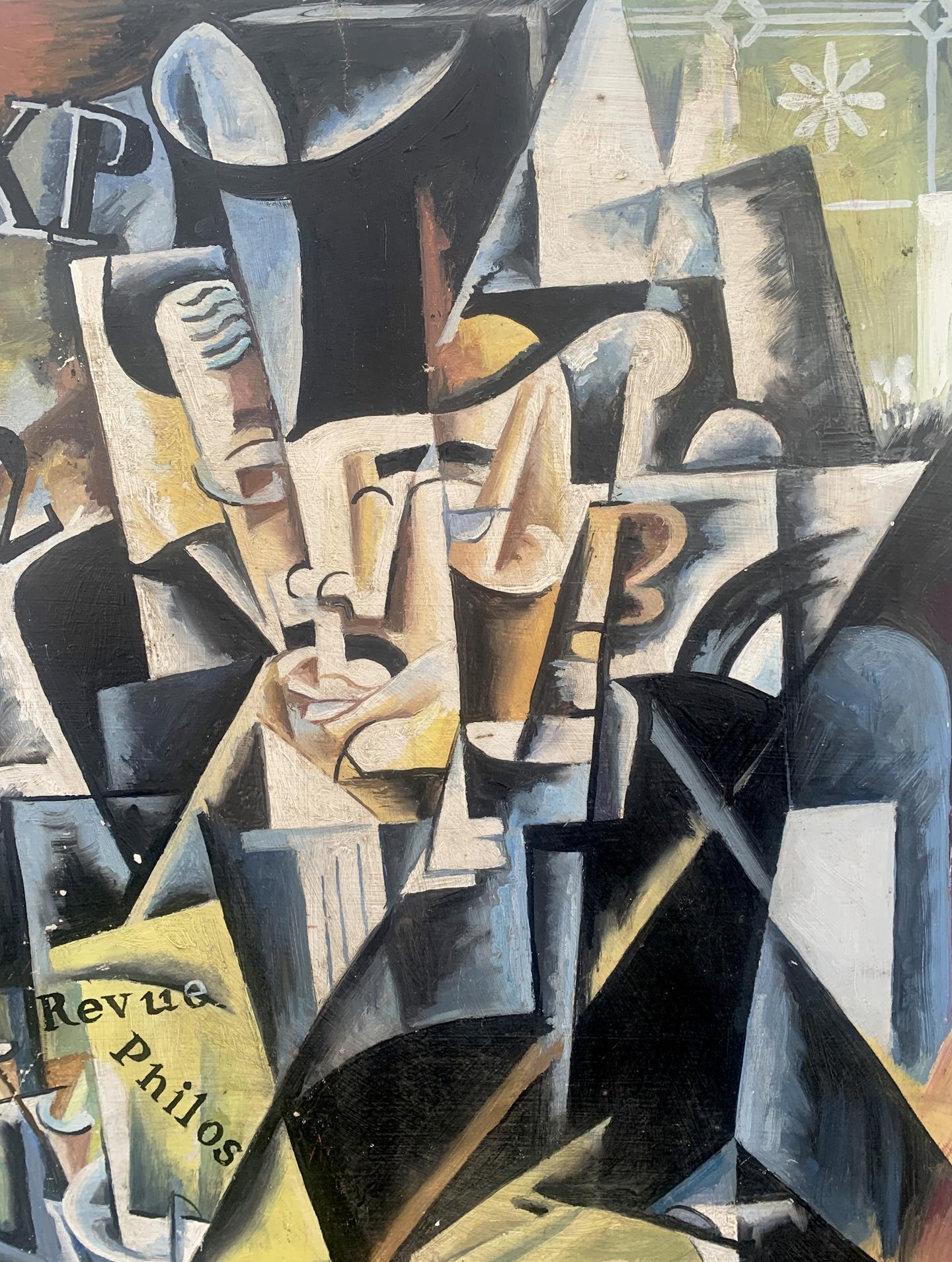 Abstract cubist oil painting of businessman by V. Konotopsky, inspired by Lyubov Popova