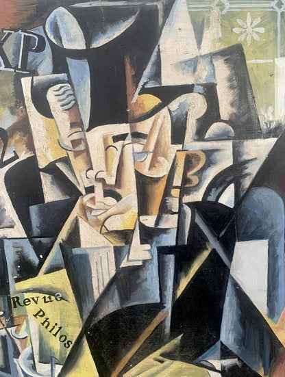 Abstract cubist oil painting of businessman by V. Konotopsky, inspired by Lyubov Popova