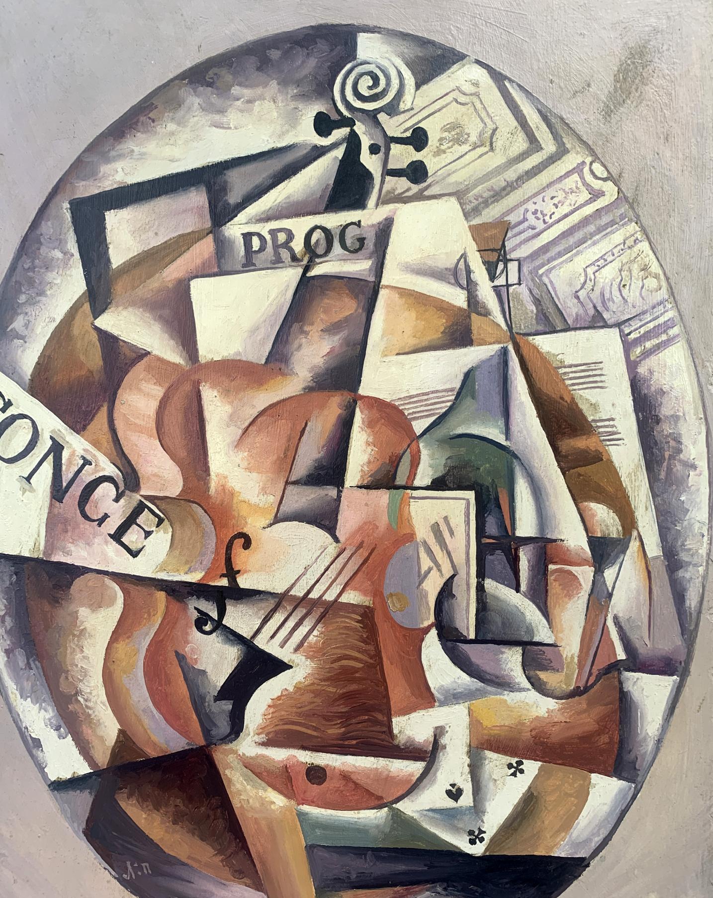 Abstract cubist oil painting Music life by V. Konotopsky, Lyubov Popova style