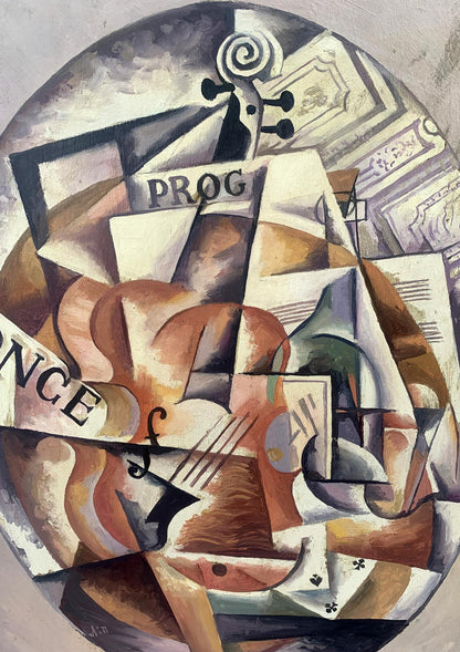 Abstract cubist oil painting Music life by V. Konotopsky, violin forms