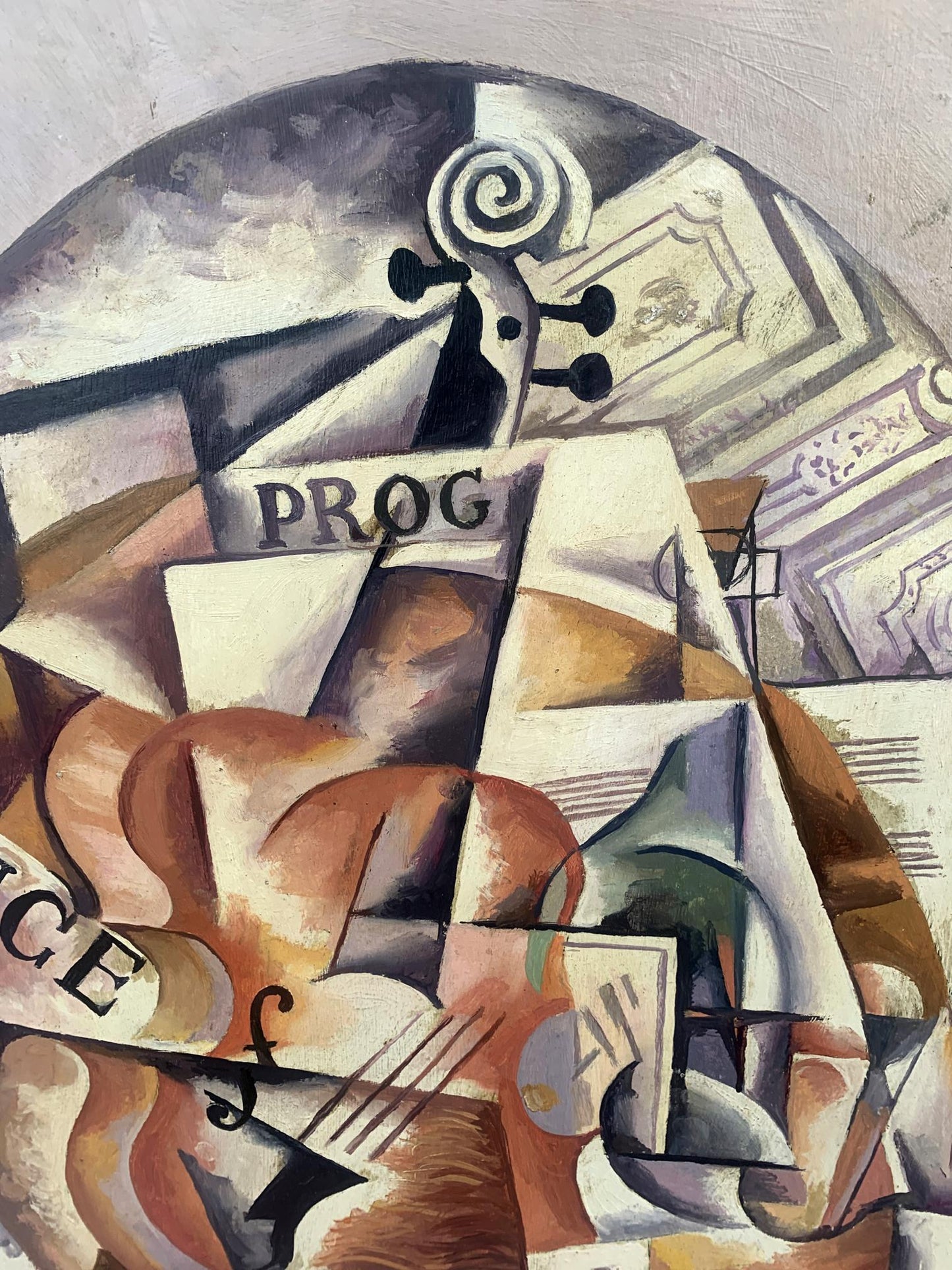 Cubist violin in black, white, gray on brown-orange, Abstract Music Life by Popova, Konotopsky