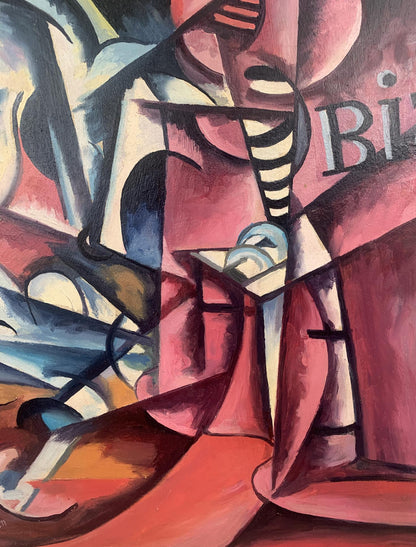 Abstract cubist oil painting Musical Vibe by V. Konotopsky in pink, red, blue, black