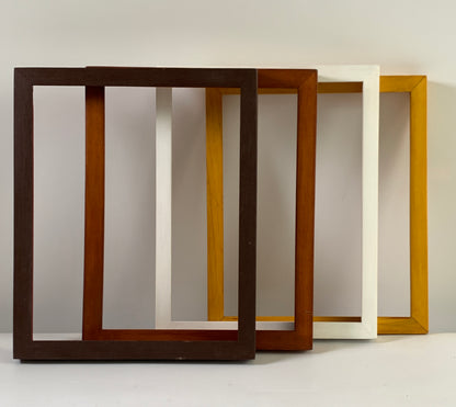 Set of 4 minimalist Custom Wooden Frames in dark brown, medium wood, white, yellow