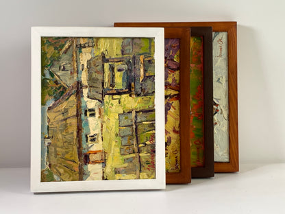 White-framed abstract painting in yellow green gray with textured brushstrokes