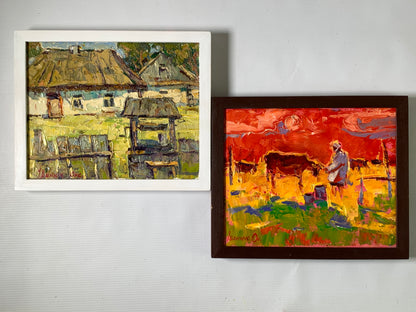 Two custom wooden frame paintings: rustic village and vibrant pastoral scenes