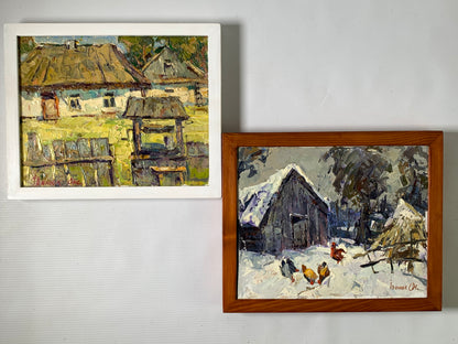 Two rural oil paintings in Custom Wooden Frame: thatched house and snowy barns