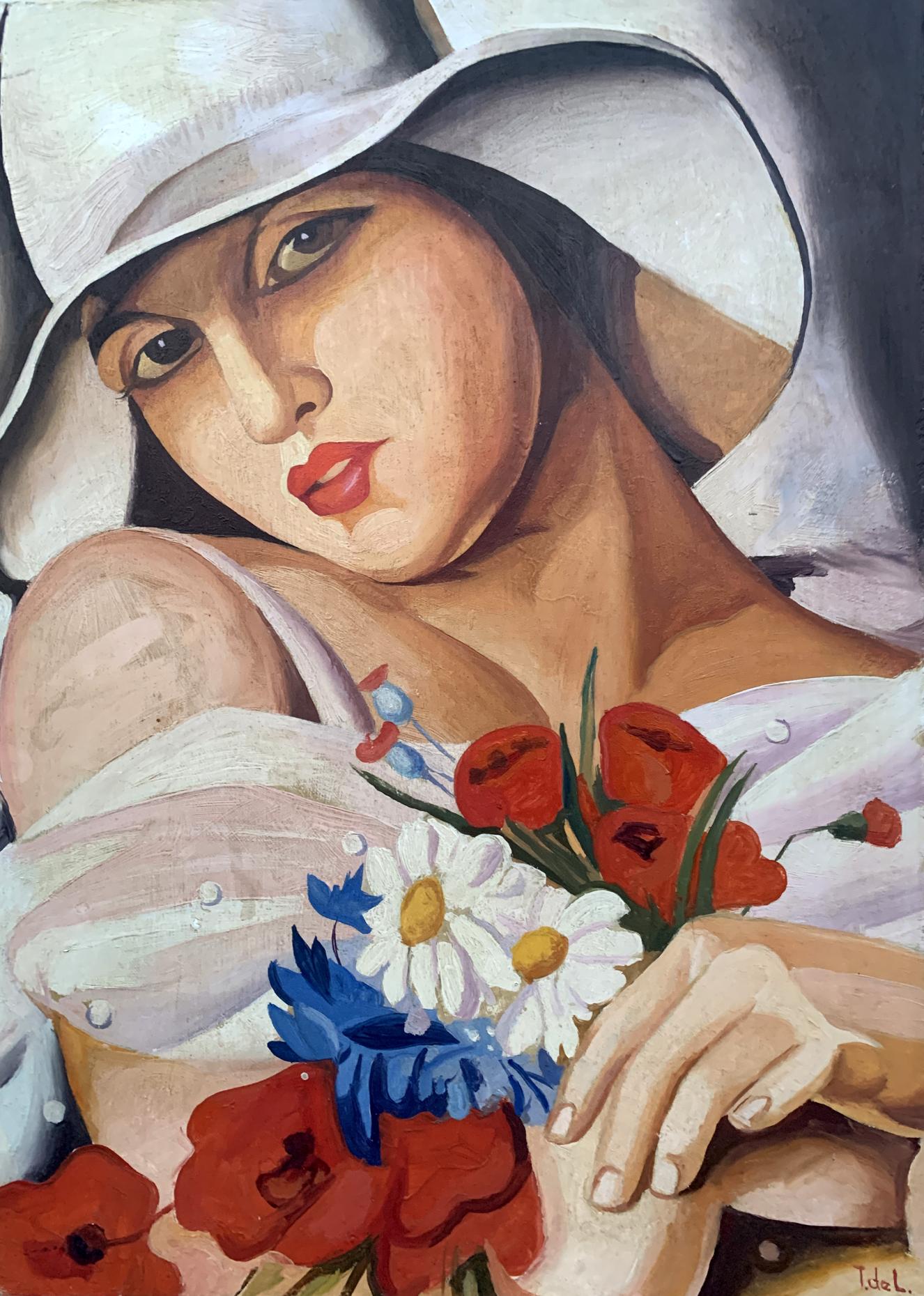 Oil painting Summer by V. Konotopsky: woman in white hat with poppy bouquet