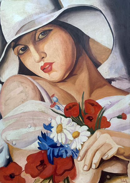 Oil painting Summer by V. Konotopsky: woman in white hat with poppy bouquet