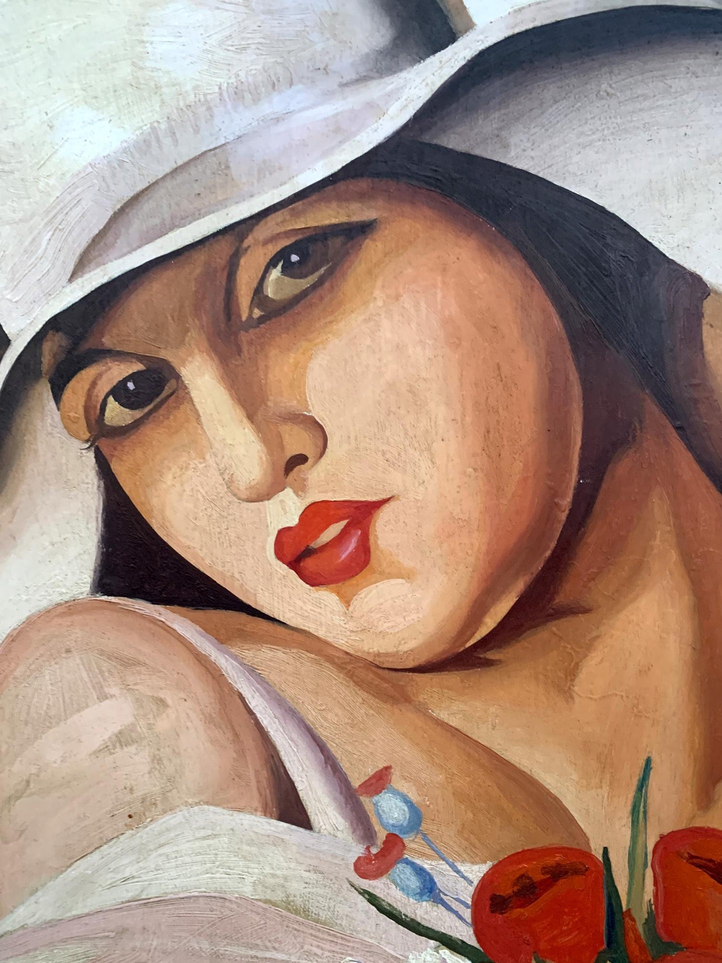Oil painting Summer by V. Konotopsky after T. Lempitskaya, close-up portrait