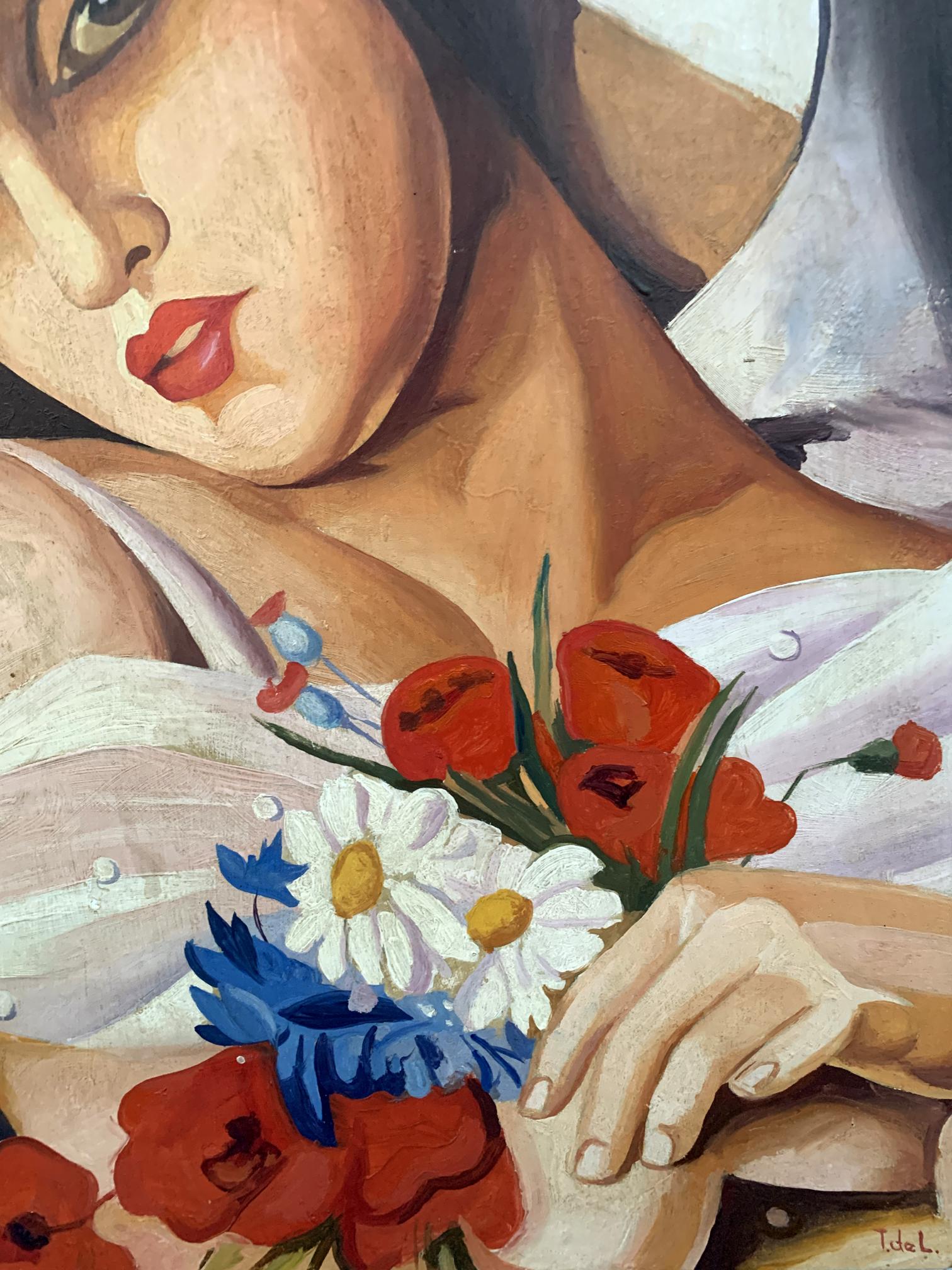 Close-up of womans face with red lips holding poppy bouquet, Oil painting Summer by T. Lempitskaya, V. Konotopsky
