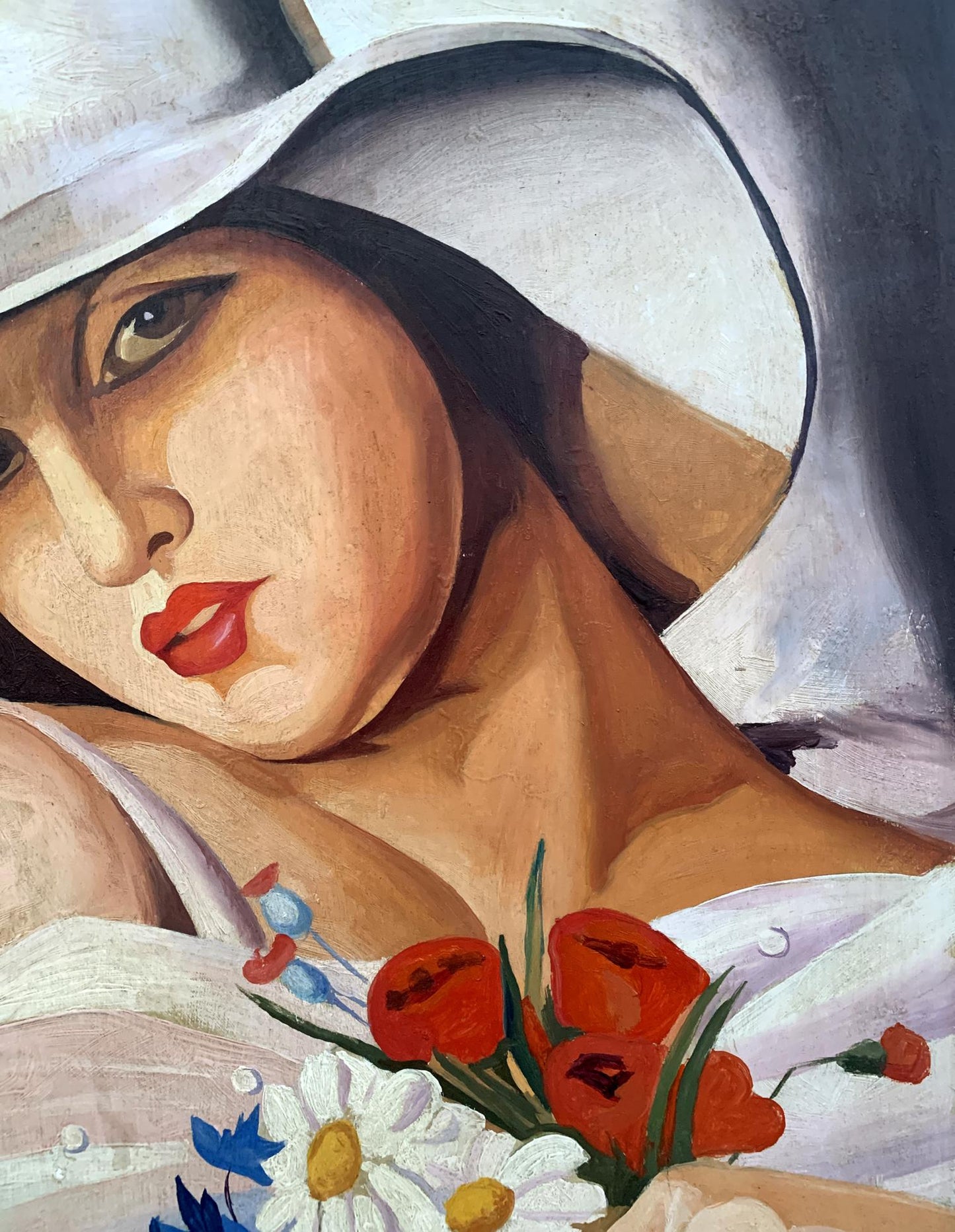 Oil painting Summer by V. Konotopsky: woman in white hat with poppies