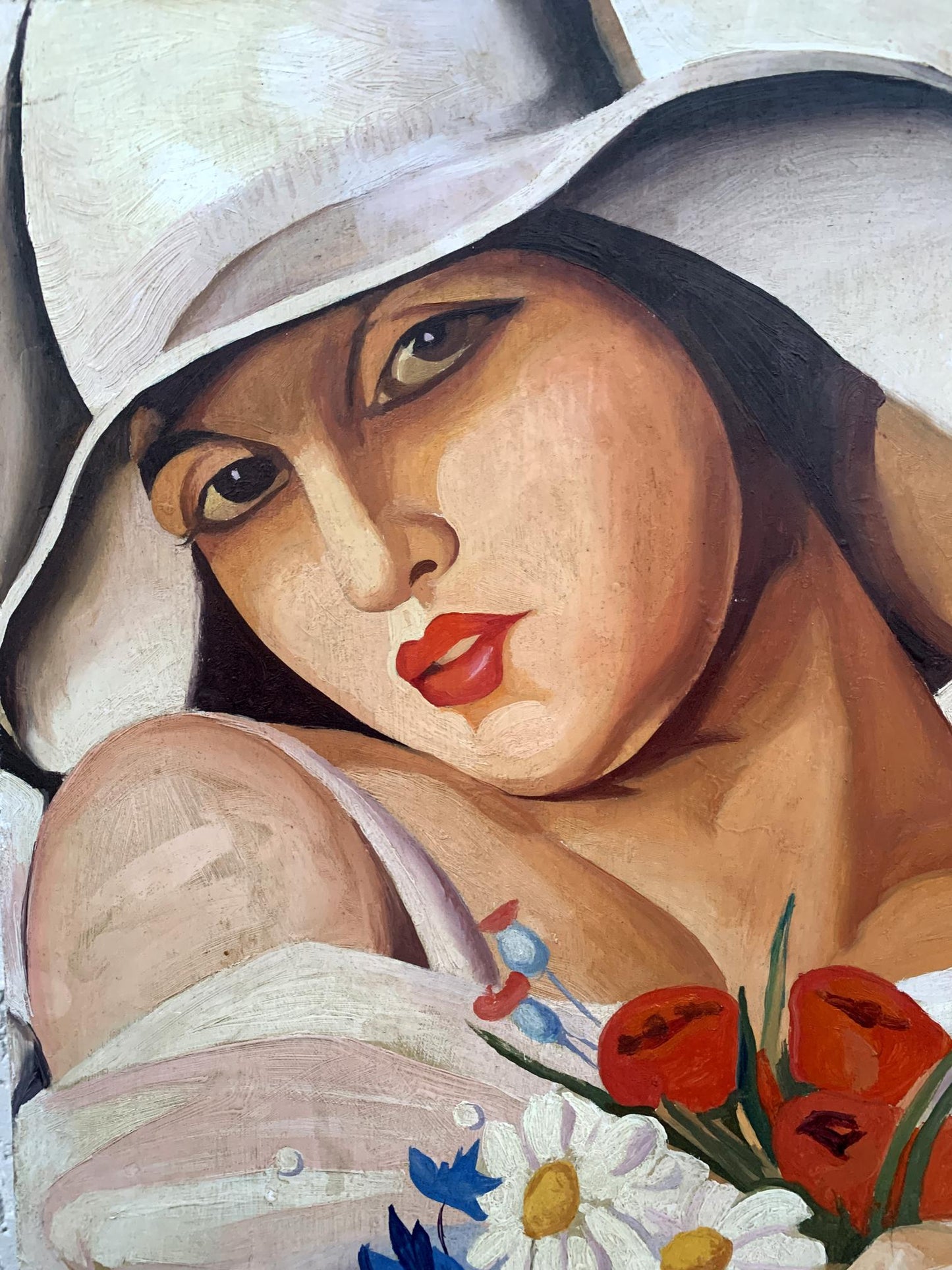 Oil painting Summer by V. Konotopsky after T. Lempitskaya, woman in white hat with poppy bouquet