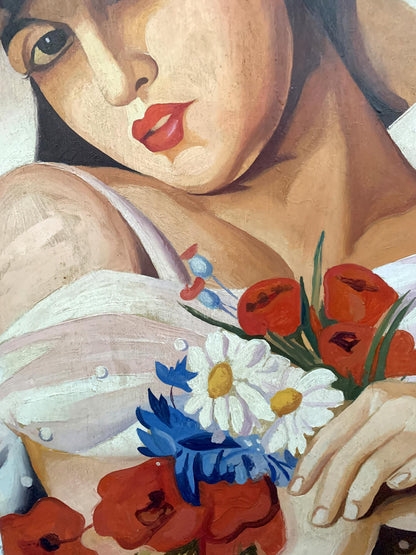 Oil painting Summer by V. Konotopsky: vibrant red poppies, daisies, cornflowers in womans hand