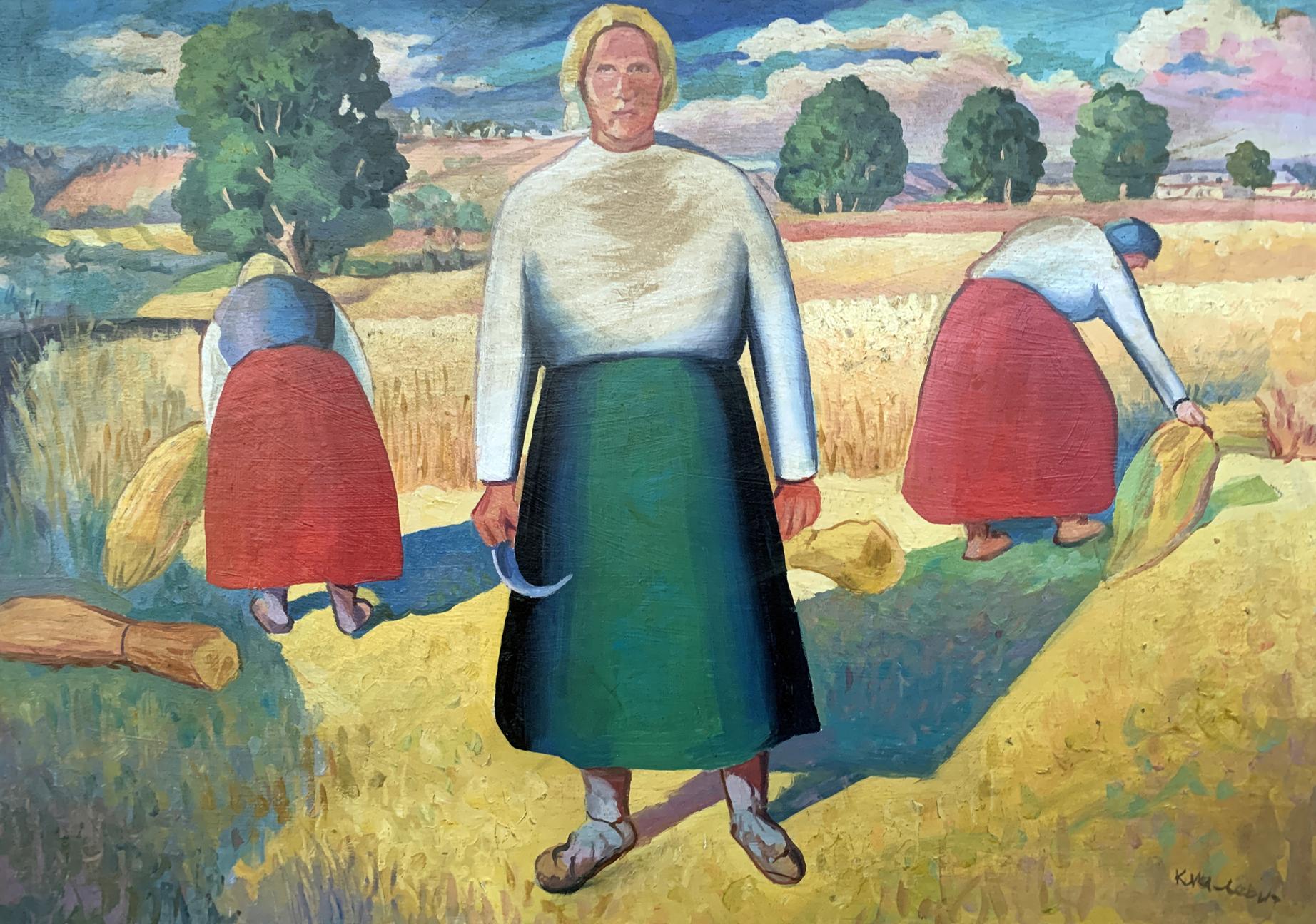 Oil painting of woman with sickle in field by Kazimir Malevich, V. Konotopsky