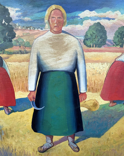 Oil painting of woman with sickle in golden field by V. Konotopsky, Malevich style