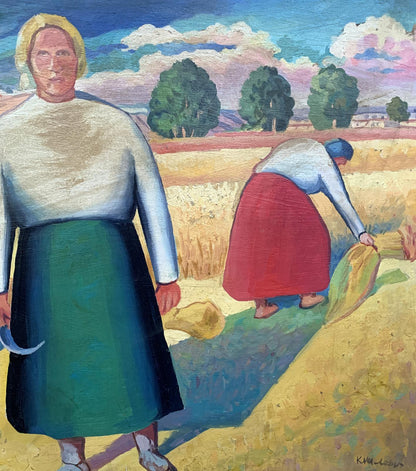 Oil painting of two women harvesting wheat in golden field by V. Konotopsky, inspired by Kazimir Malevich