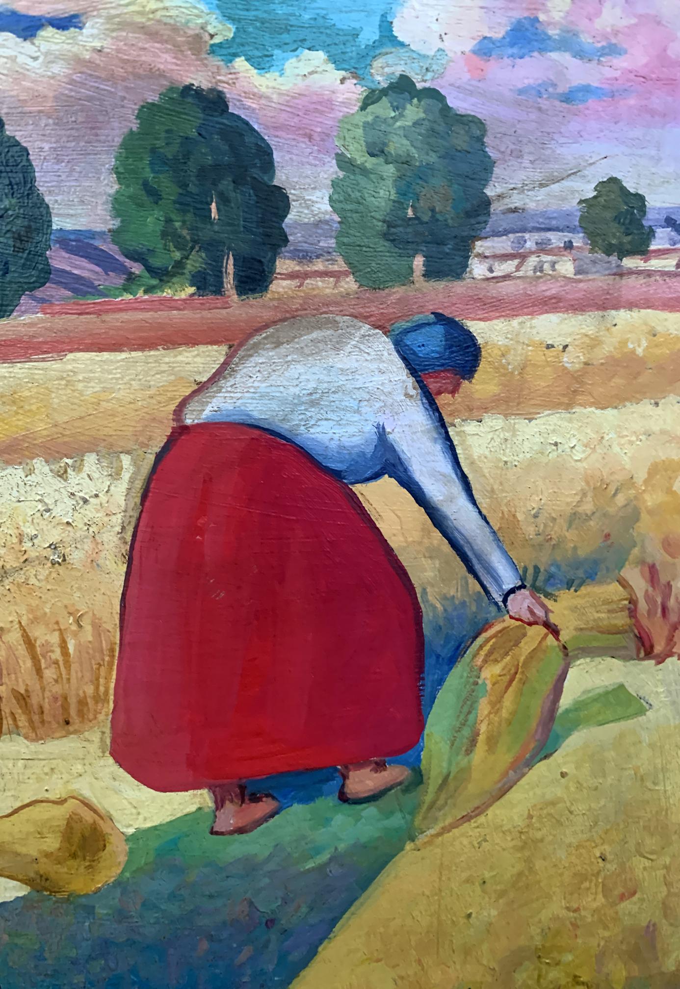 Oil painting of woman harvesting wheat in field by V. Konotopsky, Malevich style