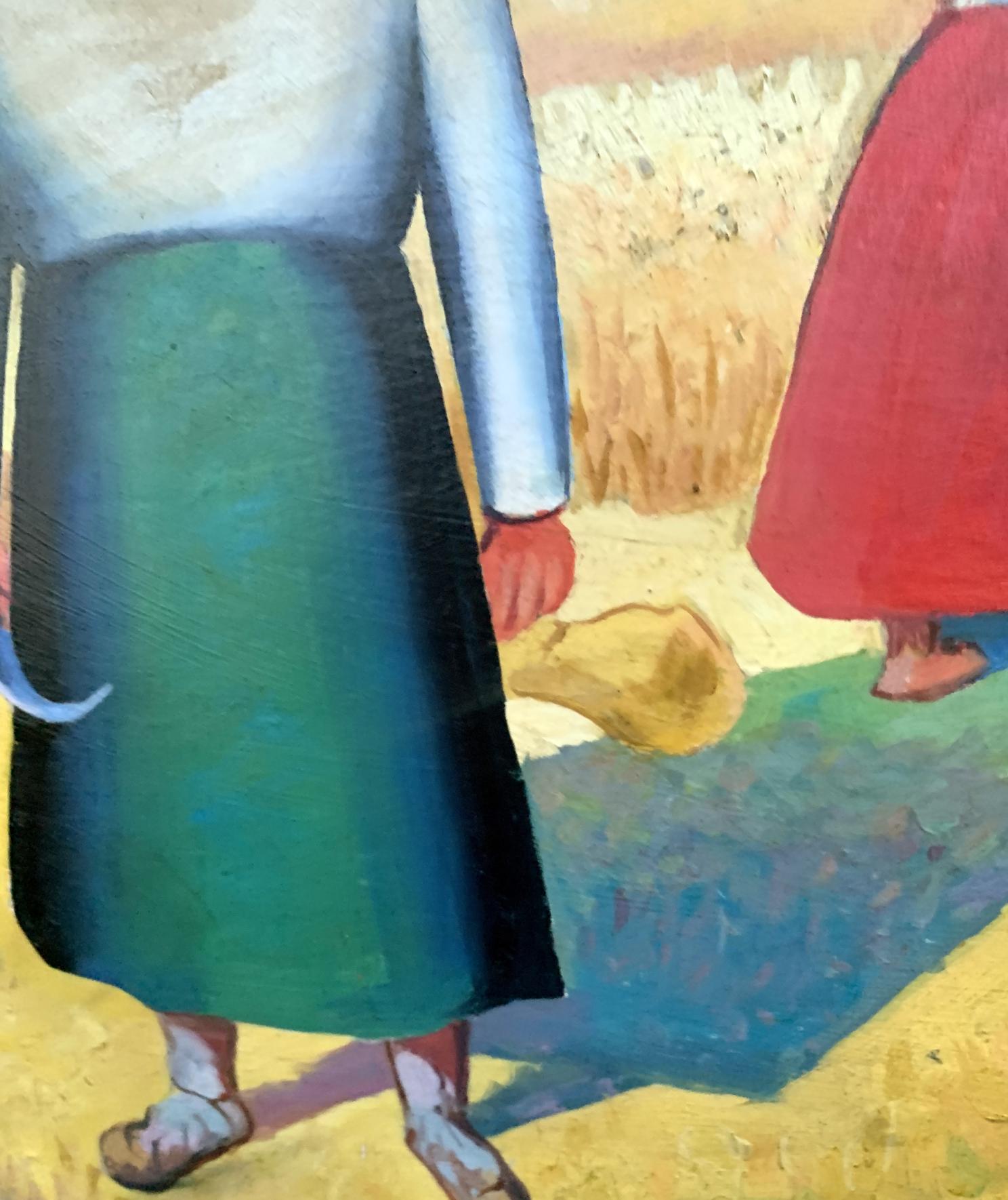 Woman in green skirt and blue top in Malevich-inspired oil painting by Konotopsky