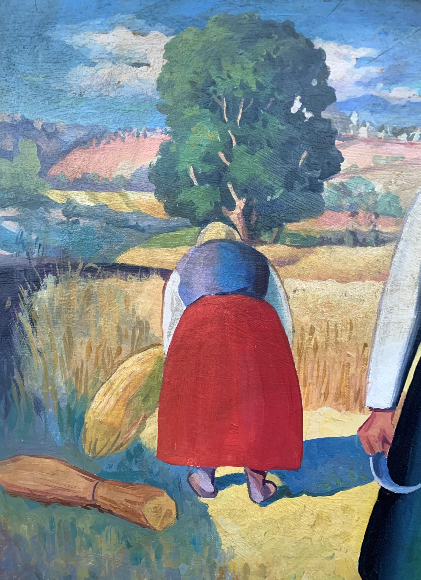 Back view oil painting of woman in red cloak in sunlit field by V. Konotopsky, inspired by Malevich