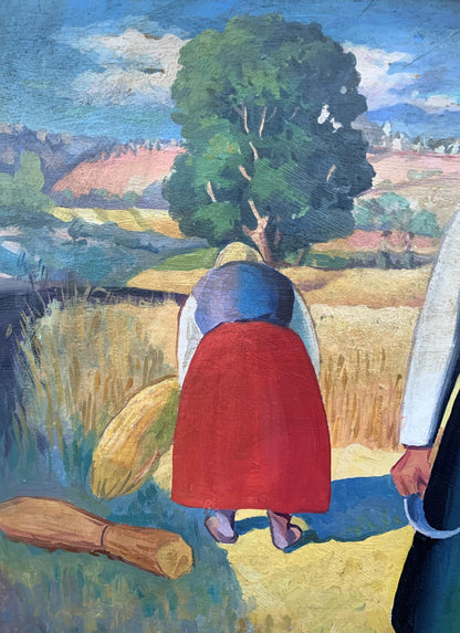 Back view oil painting of woman in red cloak in sunlit field by V. Konotopsky, inspired by Malevich