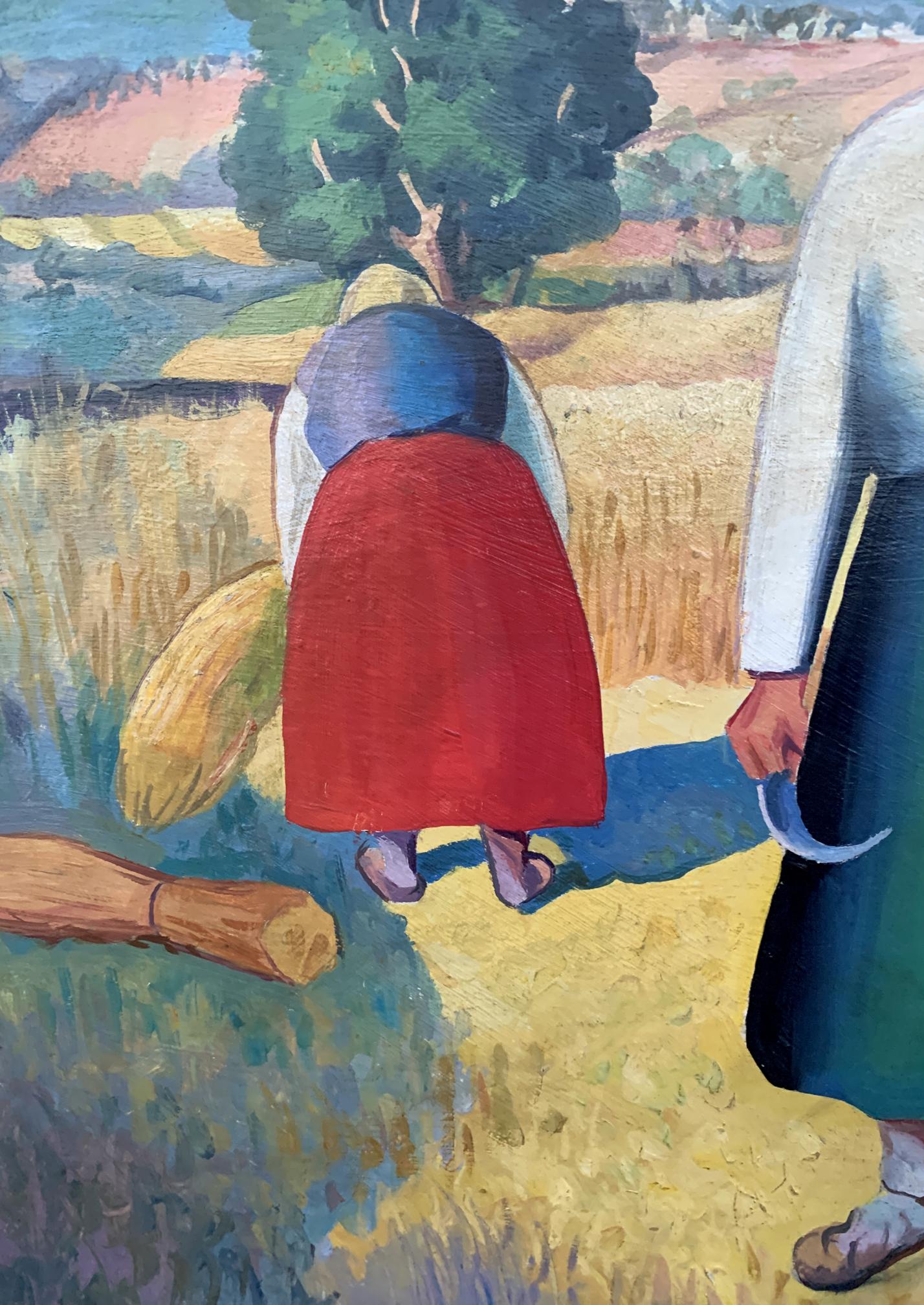 Vibrant red cloak on bent figure in golden field, Malevich-inspired oil painting by V. Konotopsky