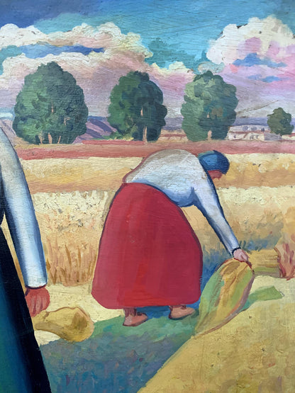 Oil painting of woman harvesting wheat in red skirt by V. Konotopsky, Malevich style