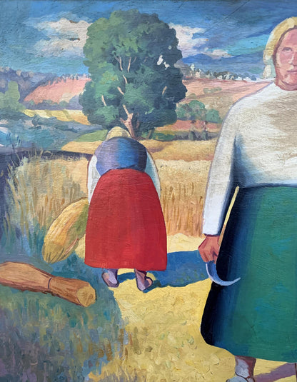 Vibrant red skirt in oil painting In field by V. Konotopsky, Kazimir Malevich style