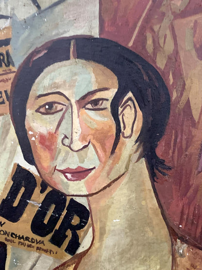 Stylized abstract oil portrait of wife by V. Konotopsky, inspired by Mikhail Larionov