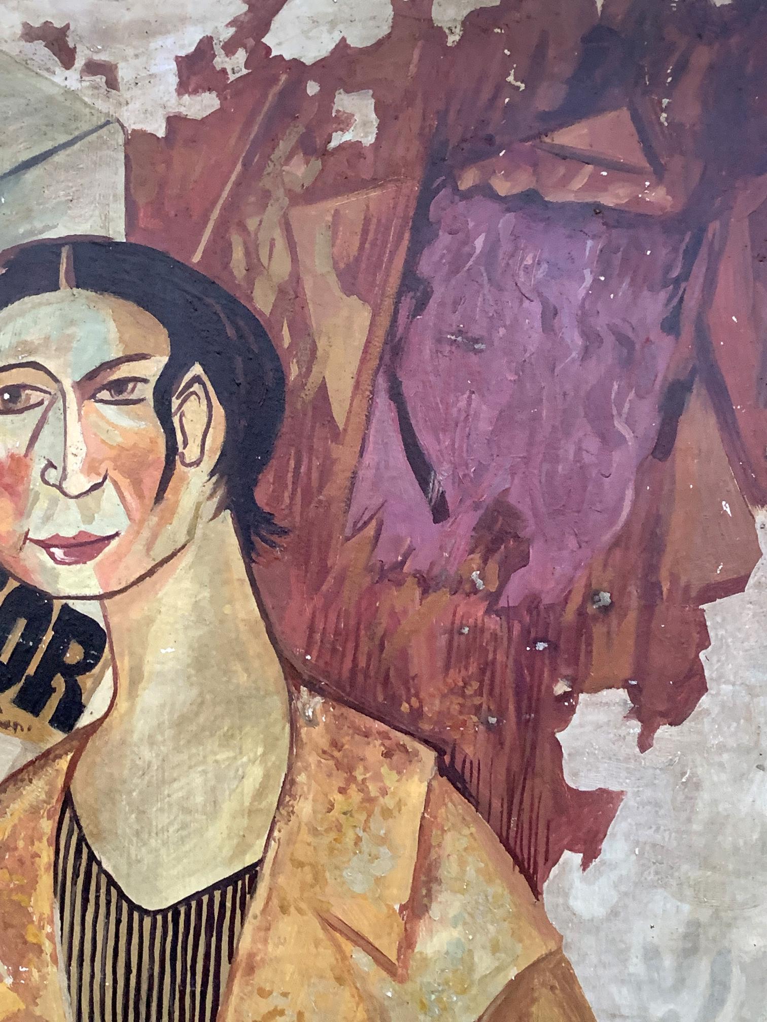 Stylized abstract oil portrait of black-haired woman in orange jacket by V. Konotopsky