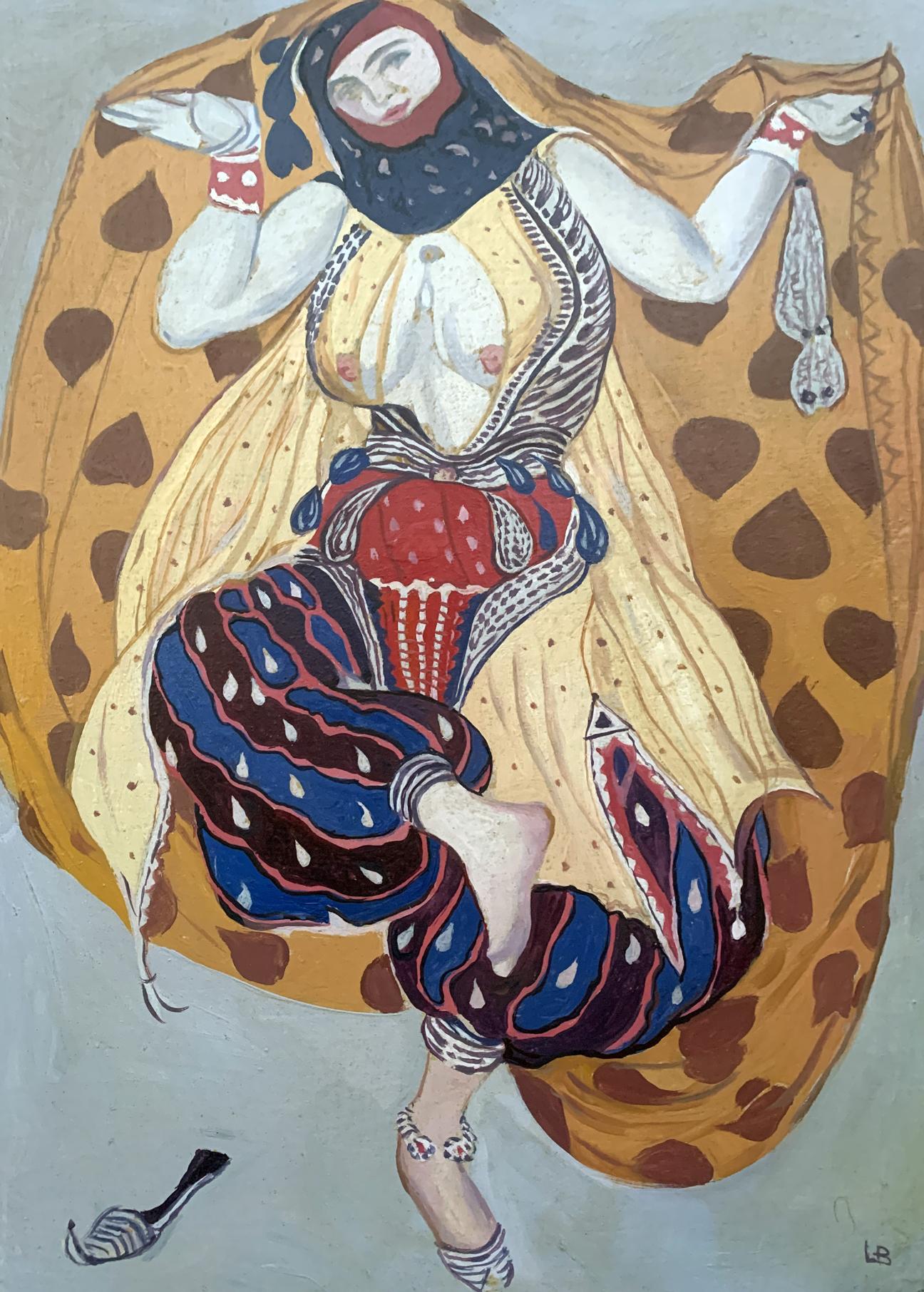 Vibrant abstract oil painting portrait of girl by V. Konotopsky, based on Lev Bakst