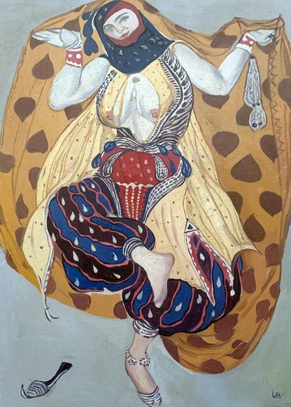 Vibrant abstract oil painting portrait of girl by V. Konotopsky, based on Lev Bakst