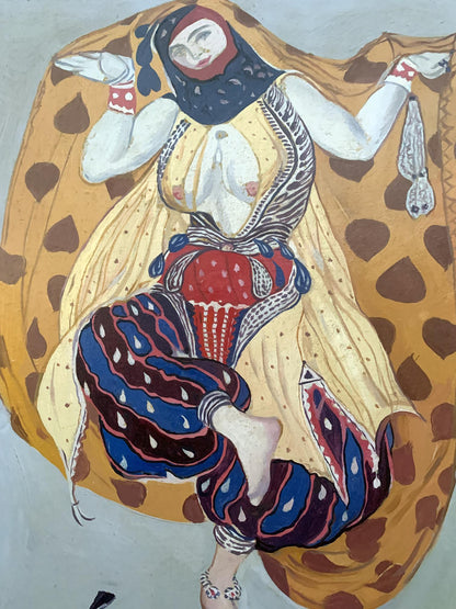 Abstract oil painting portrait of girl in traditional attire by V. Konotopsky based on Lev Bakst